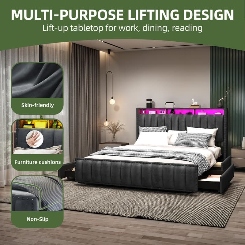 Full / Queen / King Size Platform Bed Frame with Upholstered Storage Headboard and 4 Drawers