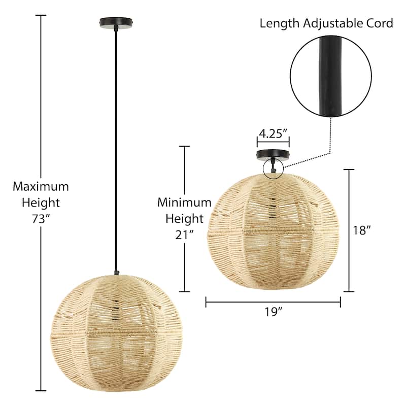 River of Goods Black and Ivory Jute and Metal 19-Inch Globe Pendant Light with Adjustable Hanging Cord - 19" x 19" x 73"