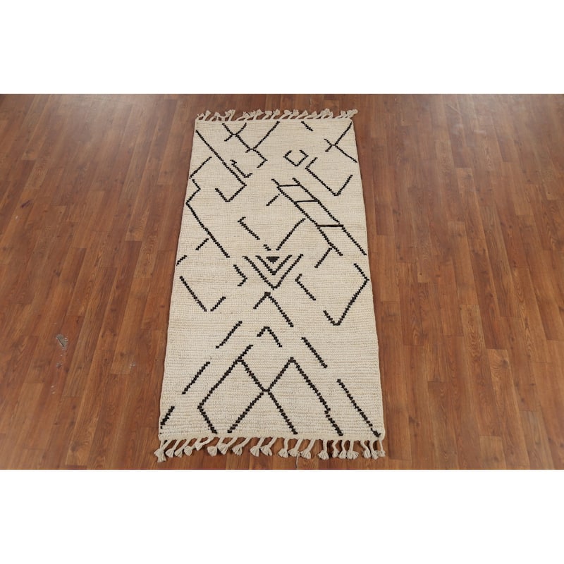 Ivory Moroccan Oriental Accent Rug Handmade Wool Carpet - 2'9"x 5'7"