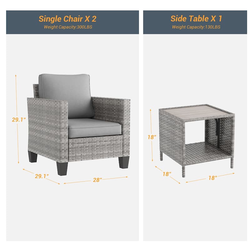 LIVOOSUN 3-Piece Patio Sofa Set Gray Rattan Outdoor Chair with Side Table
