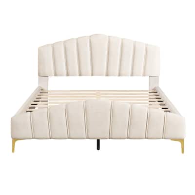 Queen Size Upholstered Platform Bed, Velvet Fabric Beds Frames