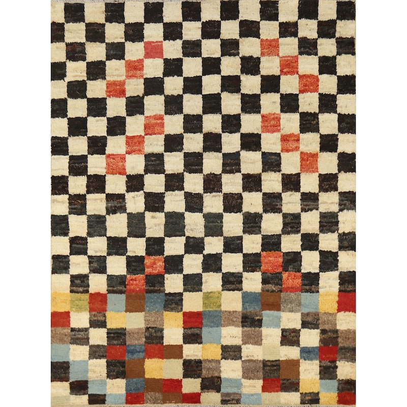 Checkered Moroccan Oriental Rug Hand-Knotted Wool Carpet - 5'2" x 6'3"
