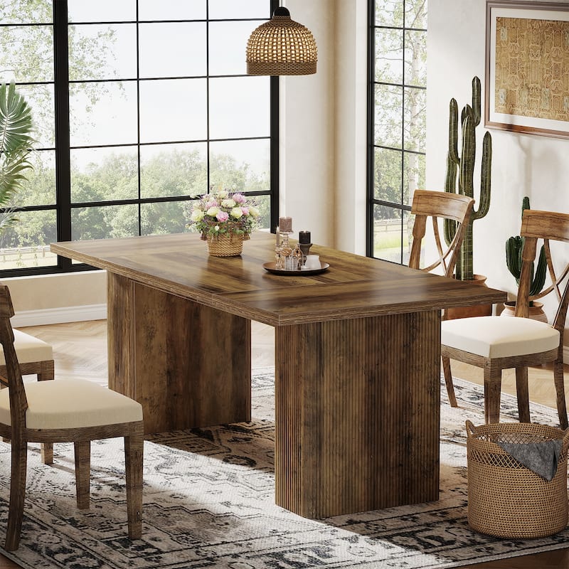 63'' Farmhouse Rectangle Dining Table with Double Pedestals for 4-6 - Brown