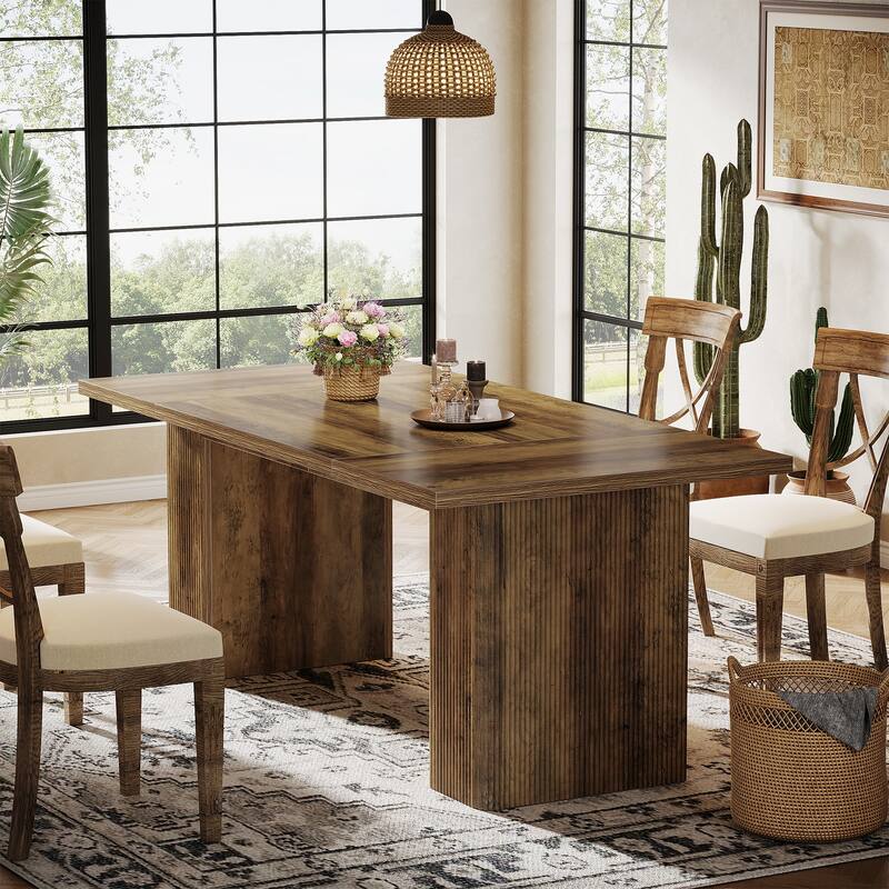 Farmhouse Dining Table for 4-6, 63-Inch Rectangle Kitchen Table with Double Robust Pedestals