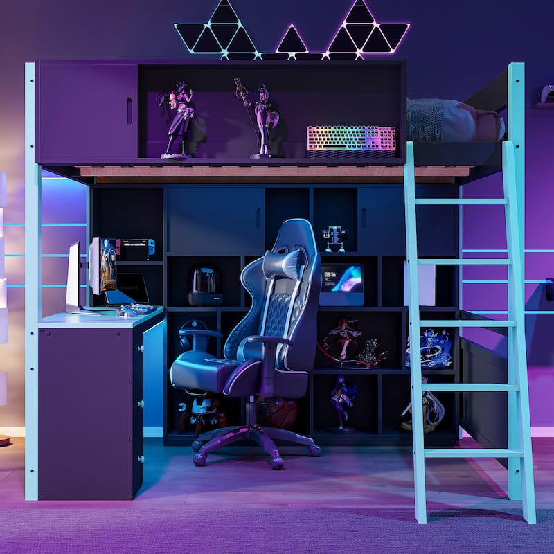 Full Size Wood Loft Bed with Desk, Storage & Light