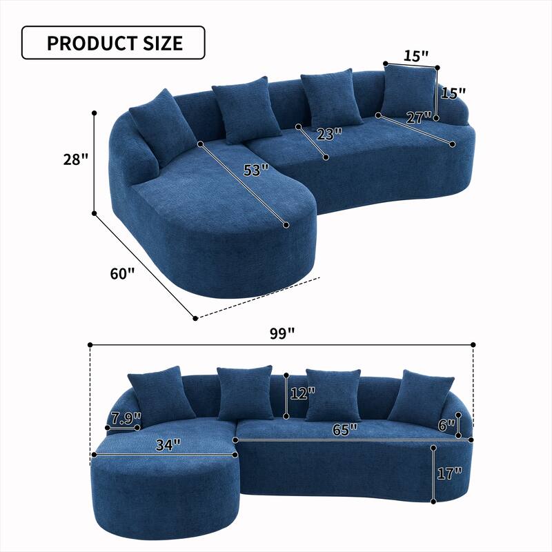 98.8" Boneless L-Shaped Sectional Sofa with Curved Chaise, Modular Chenille Compression Couch with 30D Foam for Living Room