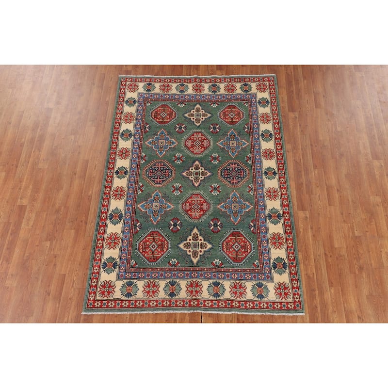 Kazak Oriental Area Rug Handmade Green Geometric Wool Carpet - 5'1" x 7'3"