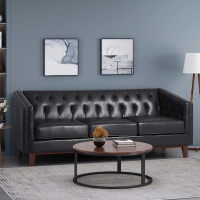 Black Faux Leather Button Tufted 3-seater Sofa with Wood Legs