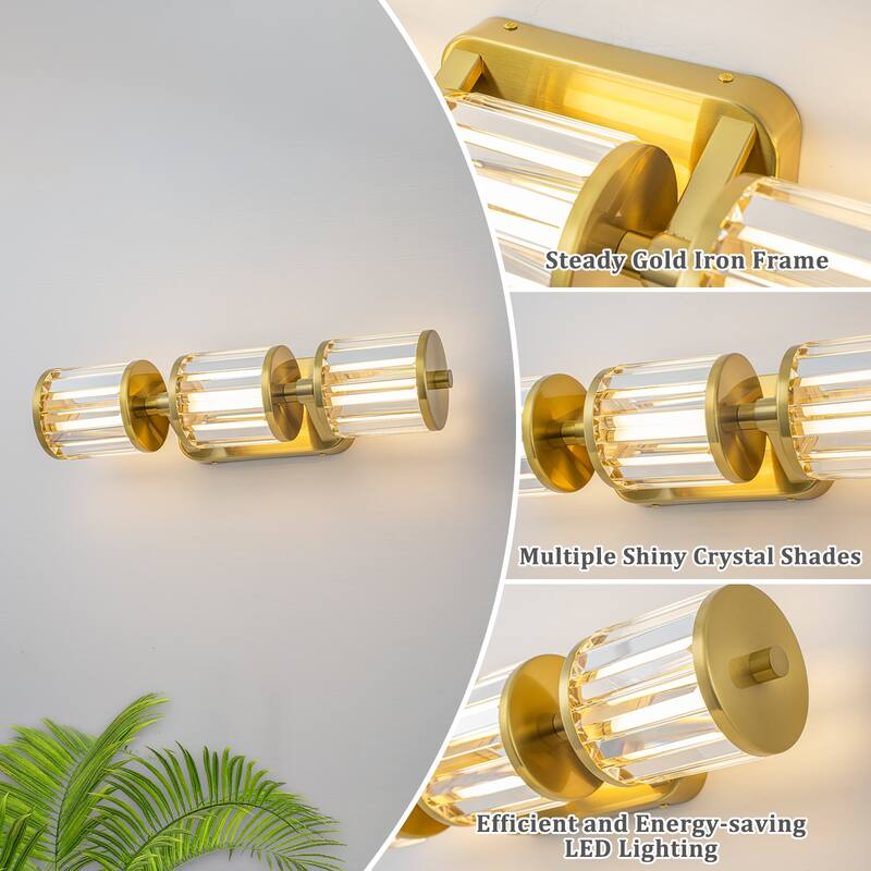 Modern Gold LED Vanity Wall Sconce Crystal Bathroom Light 3-Light