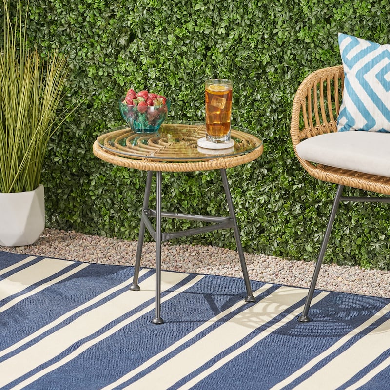 Roomfitters Round Outdoor Side Table, Accent End Table with Tempered Glass Top, Wicker Steel Frame, Patio End Table - Teak