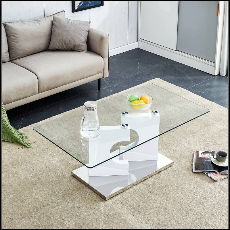 Rectangular Coffee Table with Tempered Glass Tabletop and White MDF Legs
