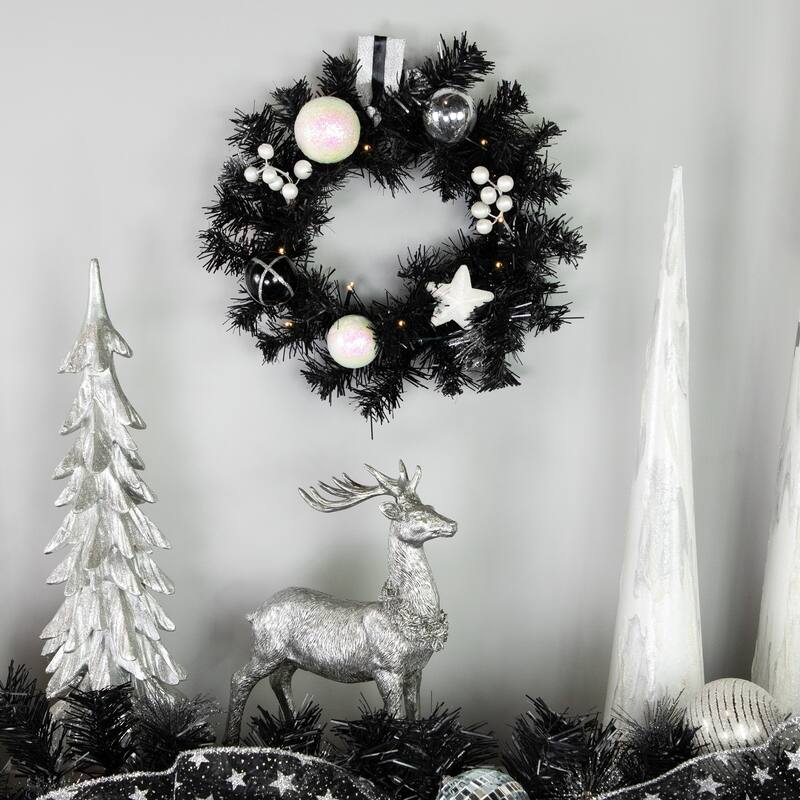 16" Decorated Black Pine Artificial Christmas Wreath Cool White LED