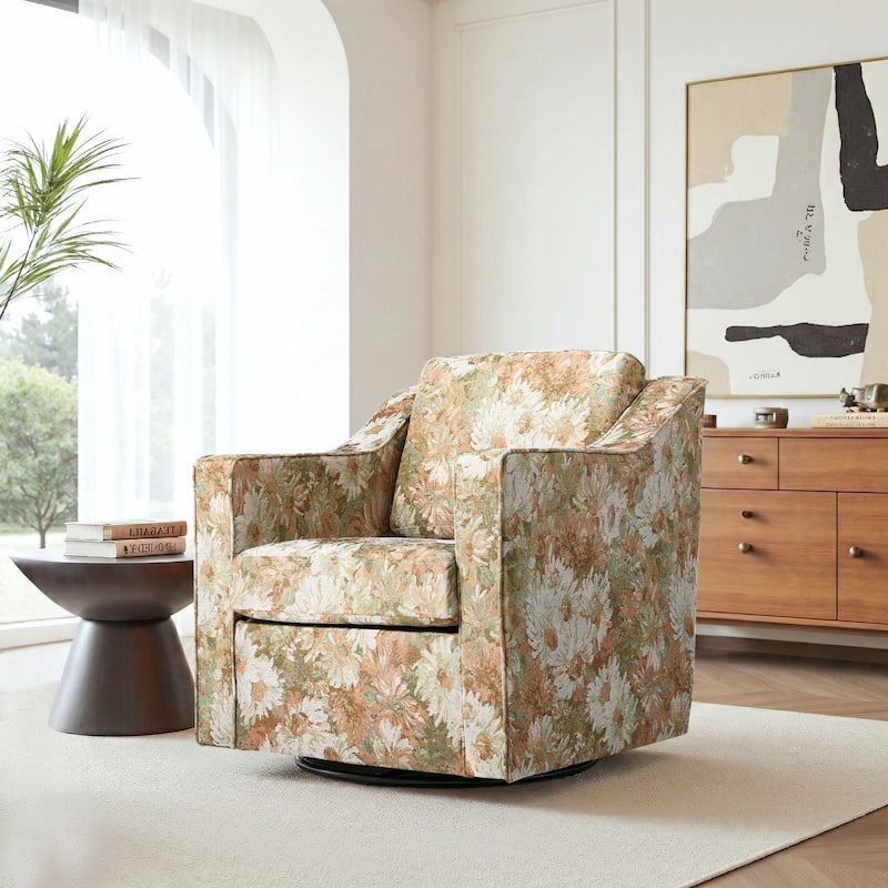 Patterned Linen Swivel Armchair Floral Accent Chair for Living Room