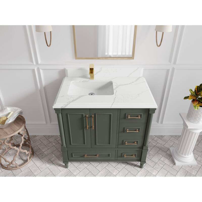 Willow Collections 36 in. W x 22 in. D Aberdeen Left Offset Sink Bathroom Vanity in Pewter Green with Countertop - 1.5" Calacatta Laza - Pewter Green