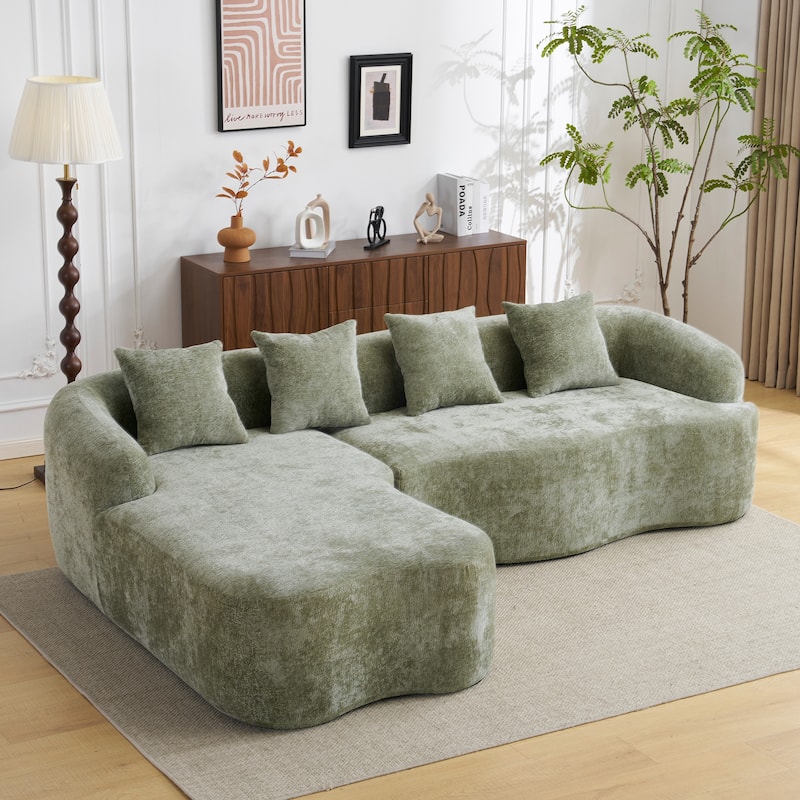 Full Compression L-Shape Sectional Sofa With Curved Chaise, Beige Modular Chenille Couch,High-Density
