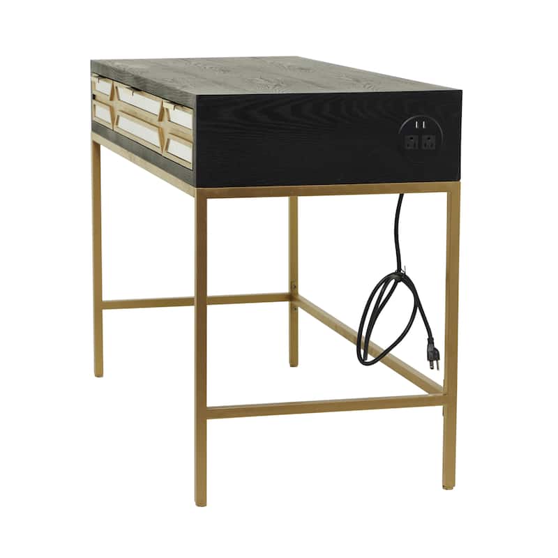 Wooden 3 Drawers Desk with Mirrored Front and Outlet - Black - Roche River Decor