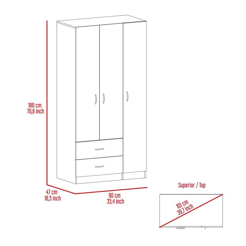 Austral 3 Door Armoire with Drawers, Shelves, and Hanging Rod