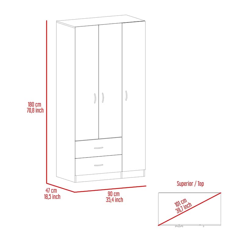 TUHOME Austral 3 Door Armoire with Drawers, Shelves, and Hanging Rod - N/A