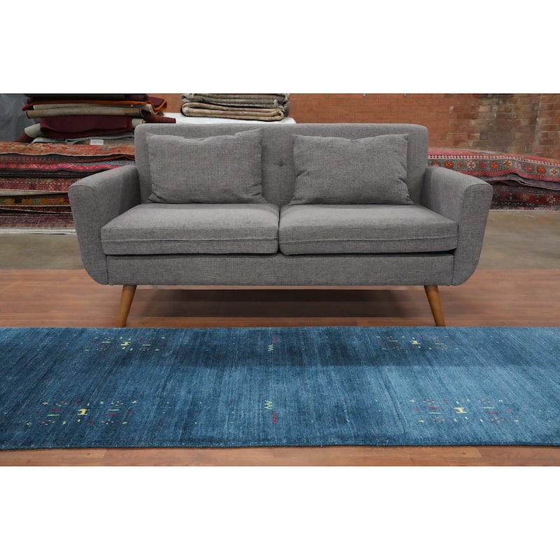 Hand Knotted Oriental Viscose Silk Carpet Tribal Animal Pictorial Navy Blue & Blues Gabbeh Runner Rug - 9' 8'' X 2' 10''