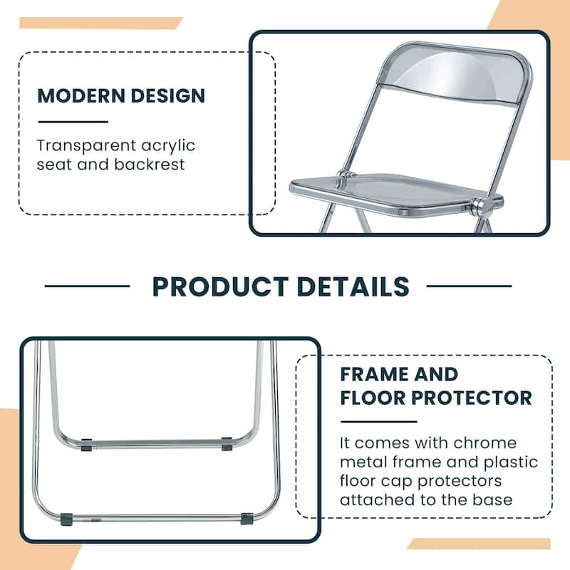 Lawrence Modern Clear Acrylic Transparent Folding Chair with Chrome Steel Frame for Condos and Apartments Set of 4 - 30"