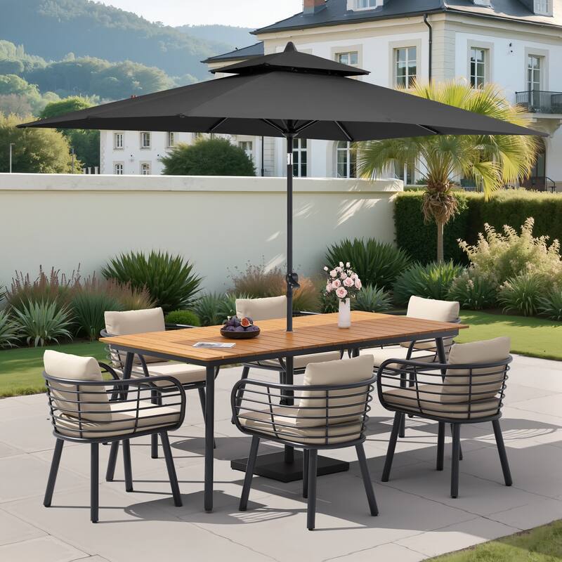 9/11-PieceOutdoor Patio Dining Set with Sunbrella Cushions Aluminum Dining Table and Chairs w/10 ft Umbrella and Base