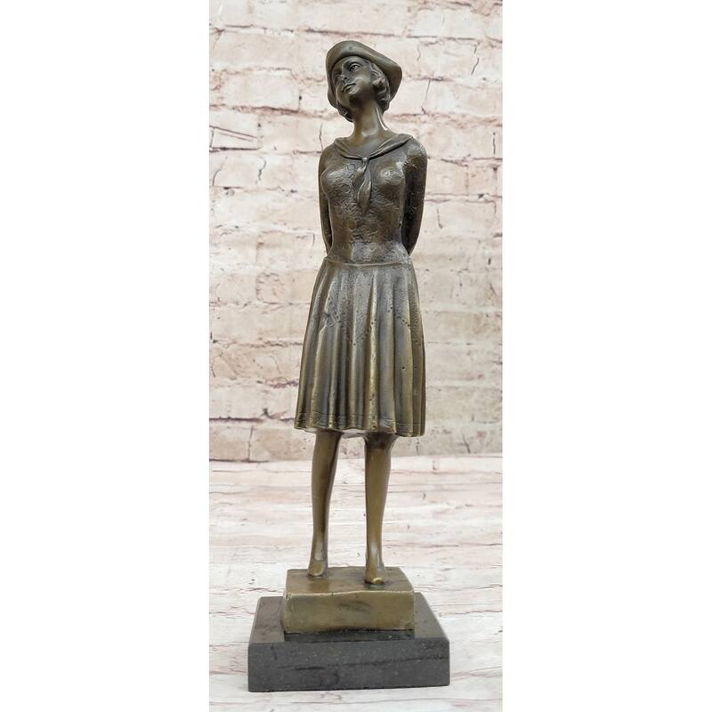 Art Deco Period Girl In Hat Bronze Statue Sculpture Figure 11.5 Inches X 3.5 Inches