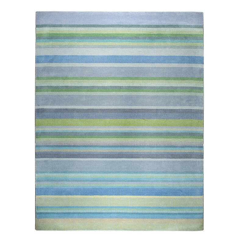 Green Hand-Knotted Wool Knotted Striped Rug, 10' x 14', plush elegant floor accent - L
