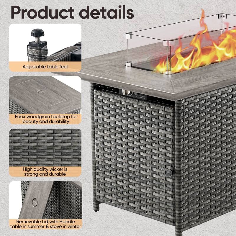 Pocassy Outdoor 6 Inch Sofa Chair Ottoman with Fire Pit Table Set