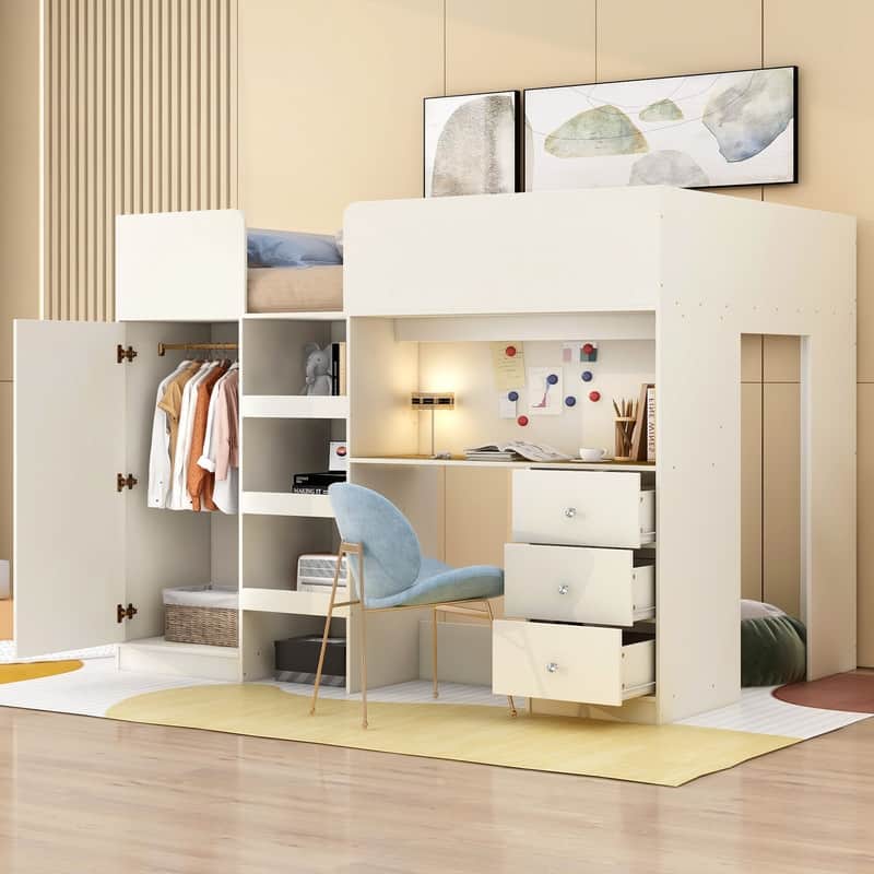 Full Size Wood Loft Bed with Built-in Wardrobe, Desk, Storage Shelves and Drawers