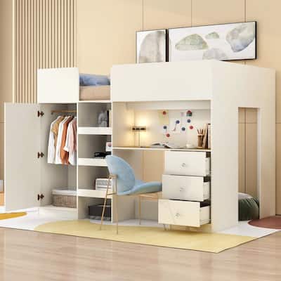 Wood Full Size Loft Bed with Built-in Wardrobe, Multifunctional Bed Frame with Desk, Storage Shelves and Drawers