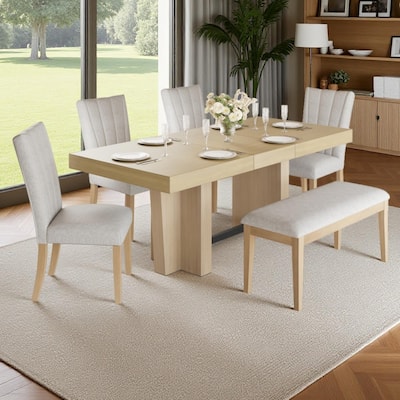 6-Piece Farmhouse Extendable Dining Set with 78" Solid Rubber Wood Table, 4 Padded Linen Chairs & Upholstered Bench