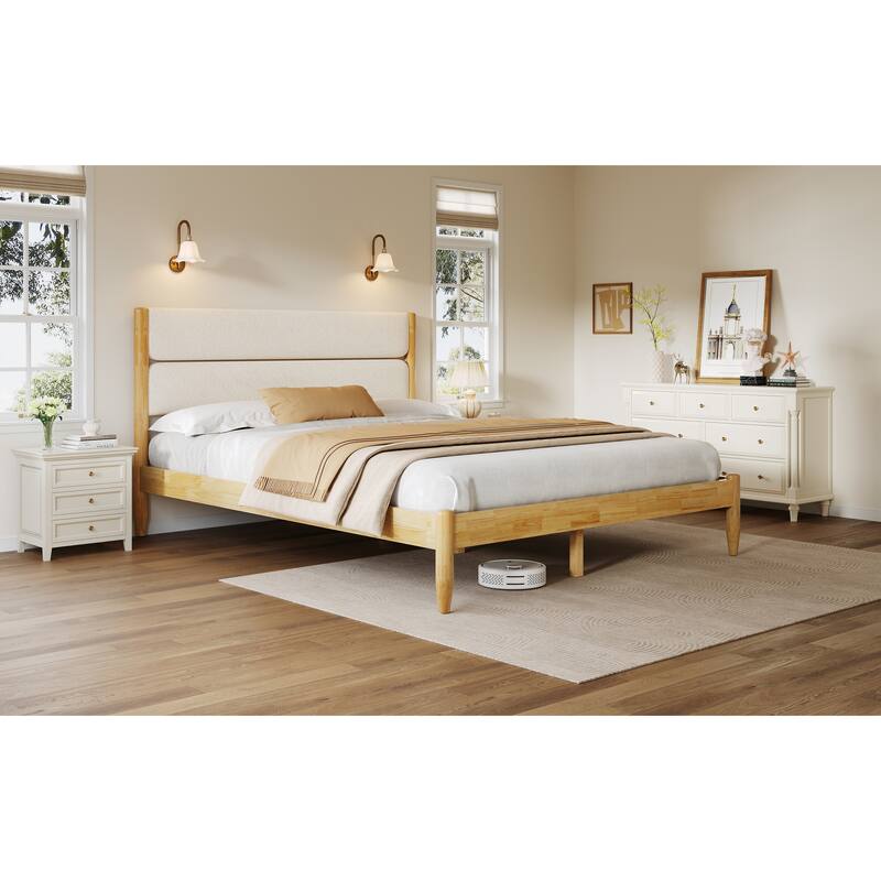 Queen Size Solid Wood Bed Frame with Upholstered Headboard, Ivory