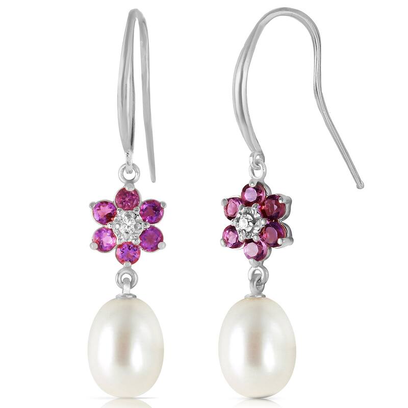 14K Solid Gold Fish Hook Earrings w/ Diamonds, Amethysts & Pearls - White
