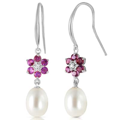 14K Solid Gold Fish Hook Earrings w/ Diamonds, Amethysts & Pearls