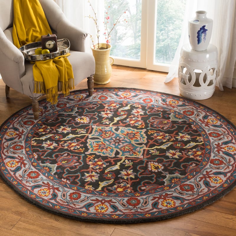 SAFAVIEH Handmade Heritage Blocks Traditional Oriental Wool Rug - 6' Round - Charcoal/Ivory
