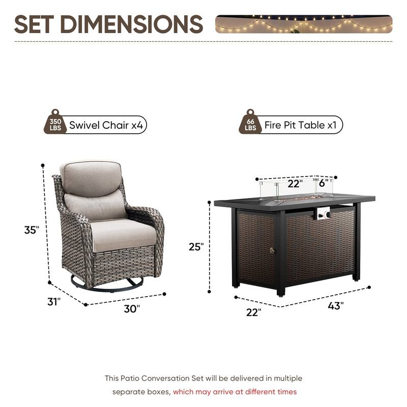 Pocassy Patio Sofa Swivel Chair Set with 43" Fire Pit Table