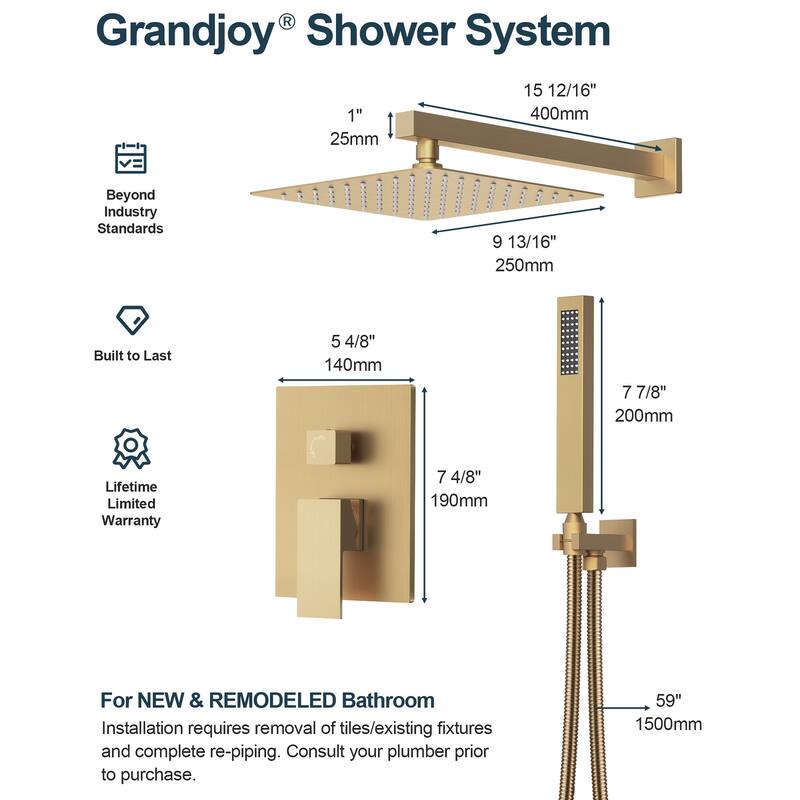GRANDJOY 10" Rainfall Shower System with 2-Handle Waterfall Bathroom Sink Faucet Combo Set