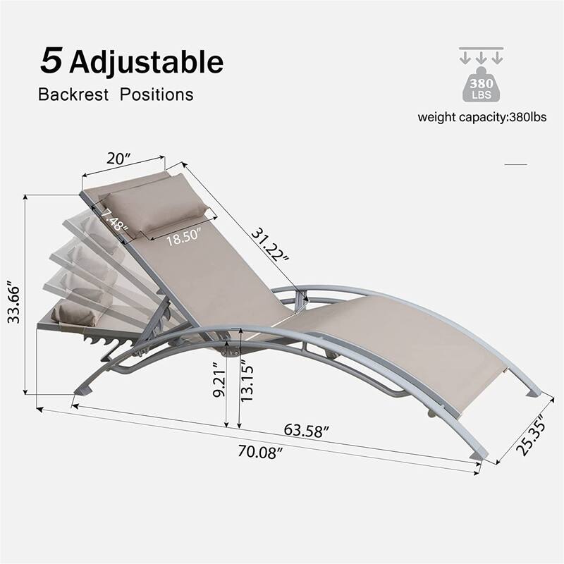 2 Pieces Outdoor Chaise Lounge Set with Adjustable Backrest and Removable Pillow for Beach Pool Sunbathing Lawn