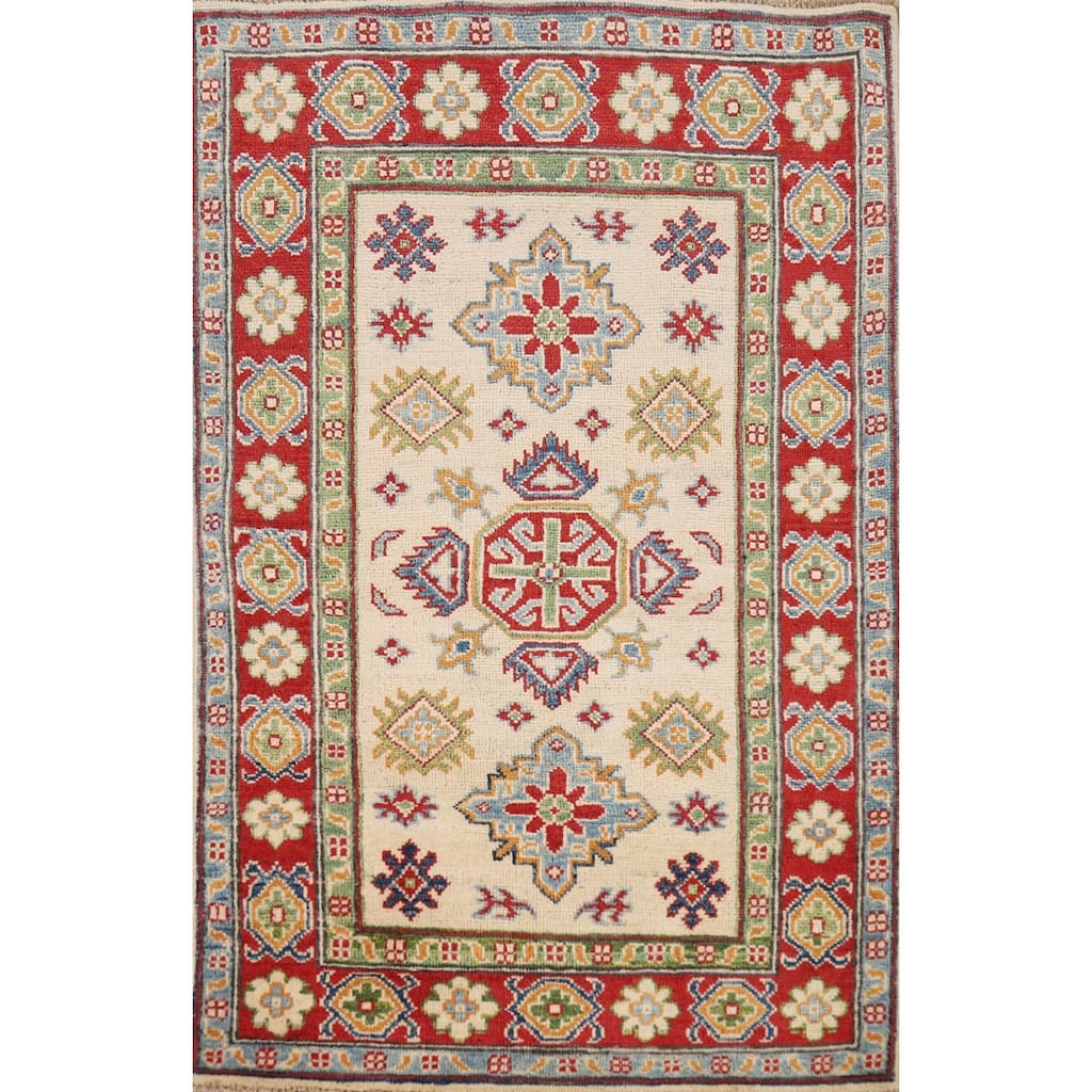 Beige Geometric Kazak Foyer Rug Handmade Wool Carpet - 2'9"x 4'0"
