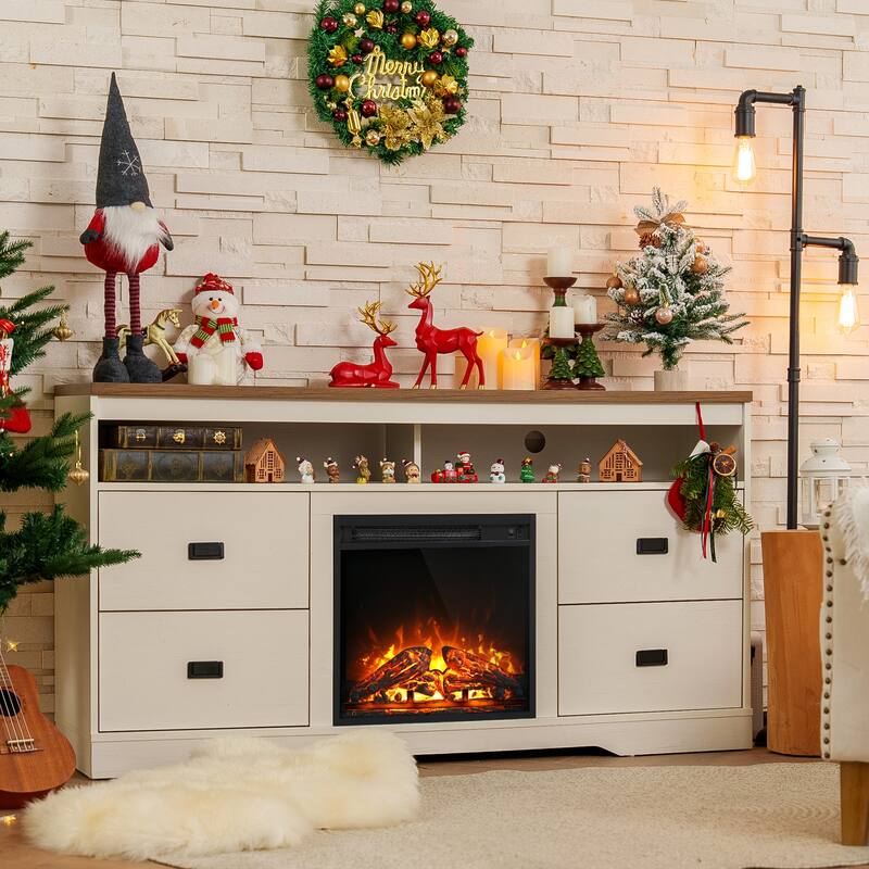 Farmhouse Sideboard Buffet Cabinet with Fireplace and 4 Drawers - 59.1 inch - Antique White