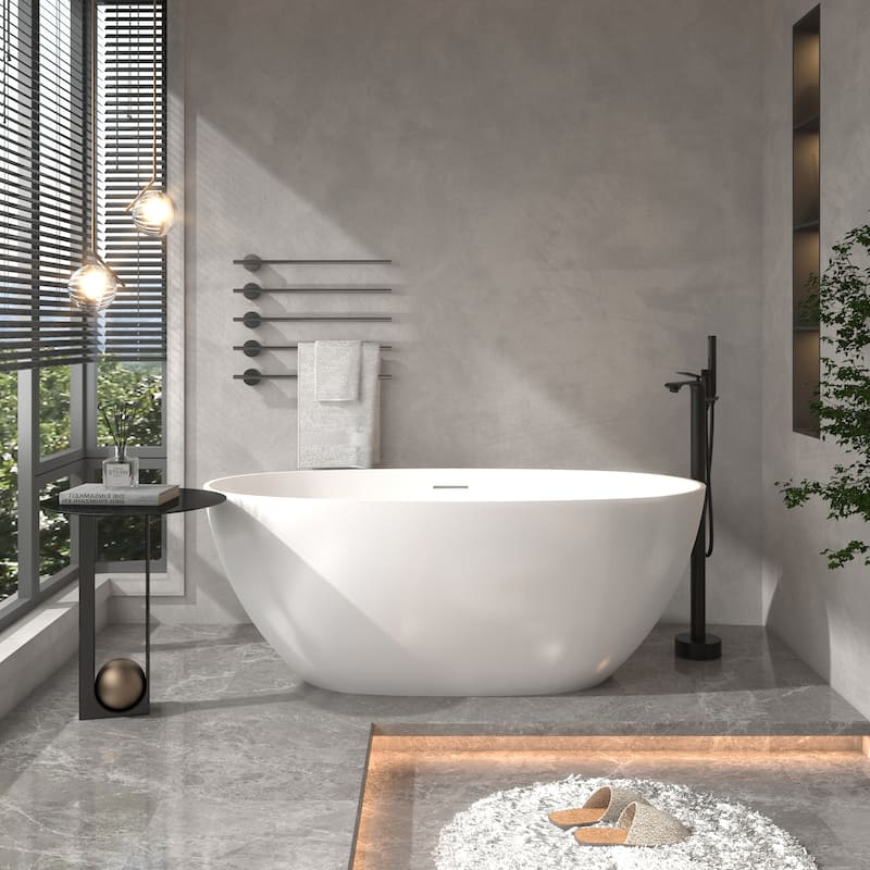 CASAINC Soaking Bathtub Solid Surface Stone Bathtub with Center Drain in Matte White