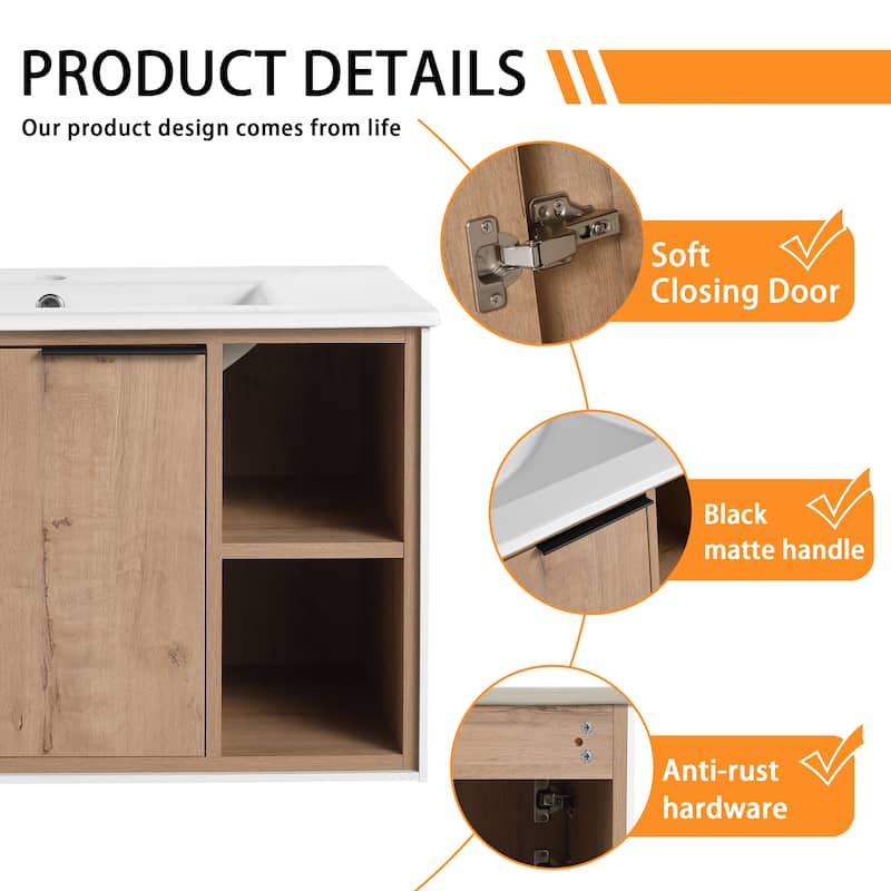 Bathroom Vanity With Sink In 24/30 Inch, Floating Bathroom Vanity With Soft Close Door