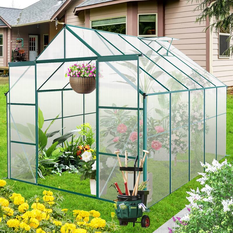 8x10FT Double Door Polycarbonate Greenhouse Raised Base and Anchor Aluminum Heavy Duty Walk-in Greenhouses for Outdoor Backyard - 7' 8" x 6' 7"