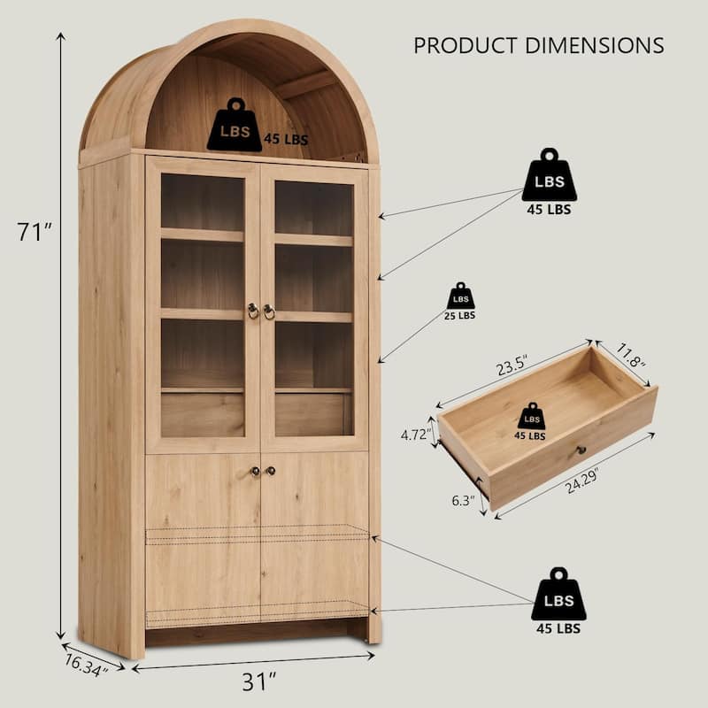 71" Tall Arched Kitchen Pantry Cabinet – Modern Farmhouse Storage Cabinet with Adjustable Shelves, Hidden Drawer