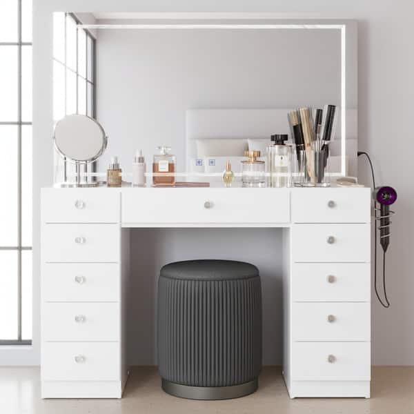 slide 2 of 7, Makeup Vanity Desk w/ Free Black Storage Stool, Full-Width, Dimmable LED Mirror, Bluetooth, 11 Drawers White
