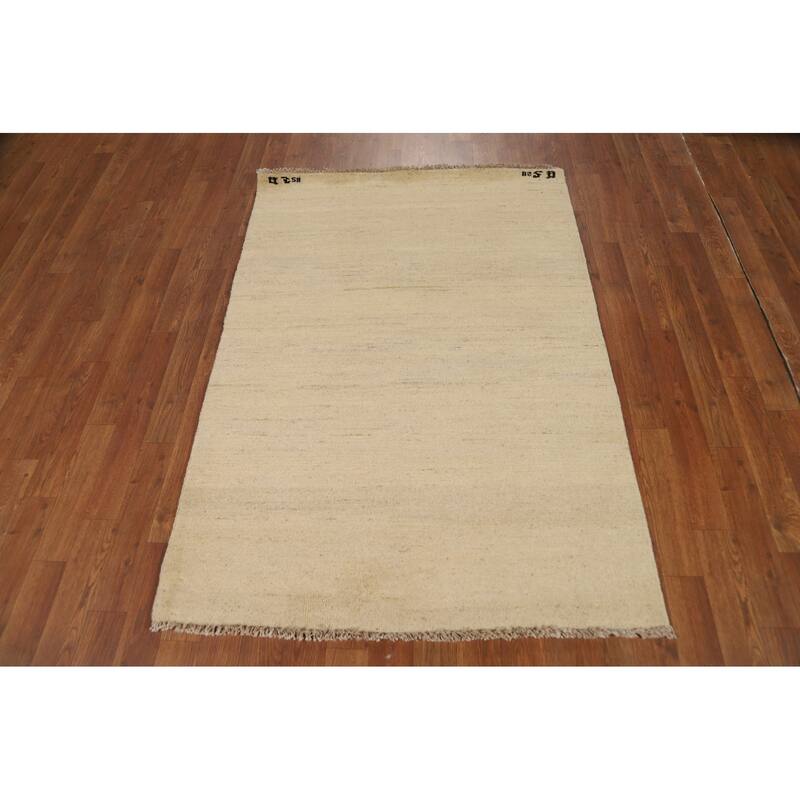 Modern Gabbeh Oriental Foyer Rug Handmade Beige Solid Wool Carpet - 3'4"x 4'10"