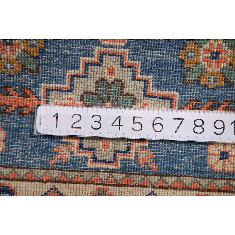 Geometric Kazak Foyer Rug Hand-Knotted Blue Wool Carpet - 2'0" x 3'0"