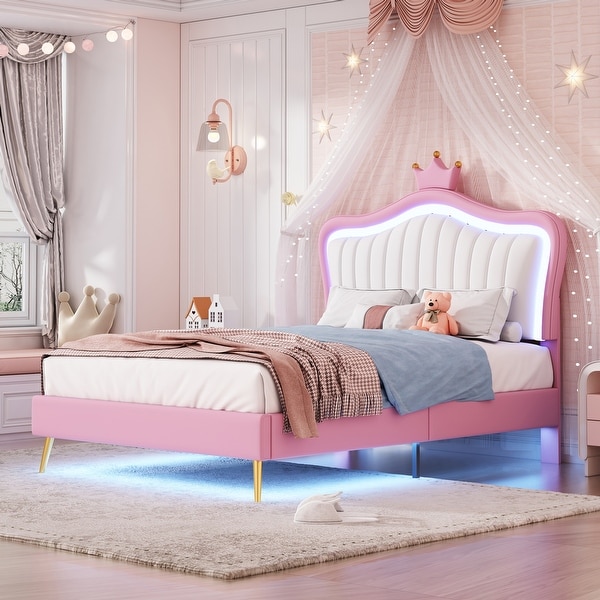 Pink Twin Upholstered Bed Frame with LED Lights and Crown