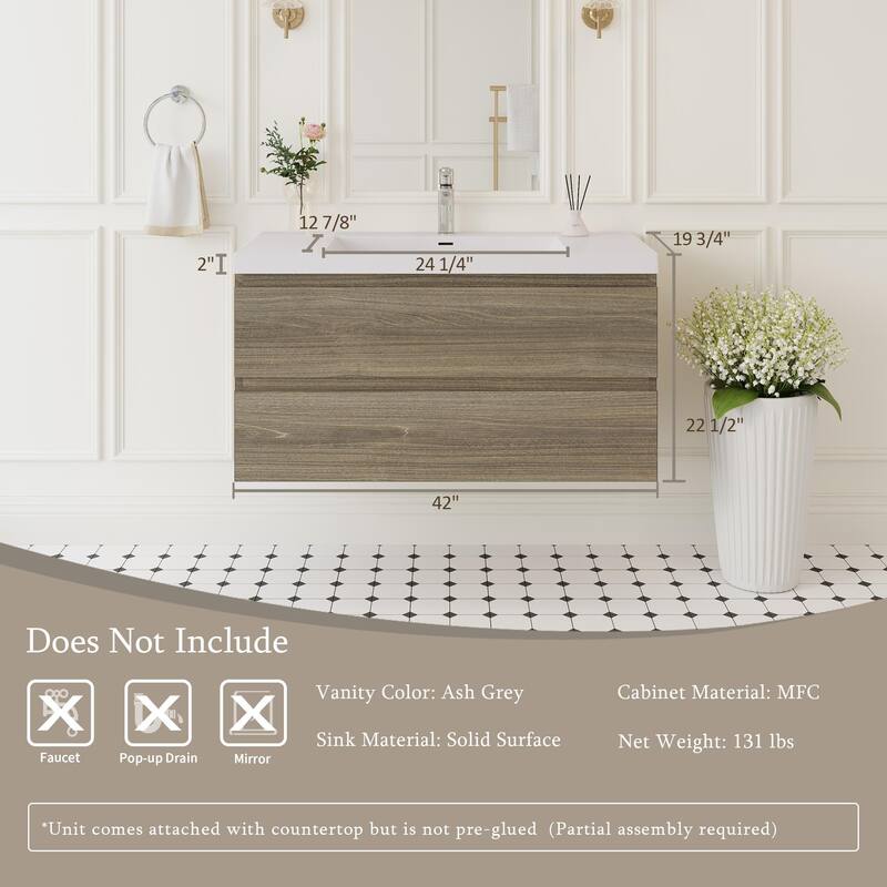 GDFStudio - Ashton Floating Bathroom Vanity with Solid Surface Basin and Soft-Close Storage Drawers