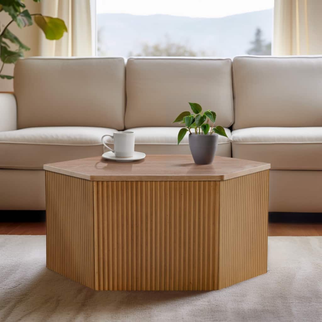 Fluted Hexagon Coffee Table with Natural Wood Color